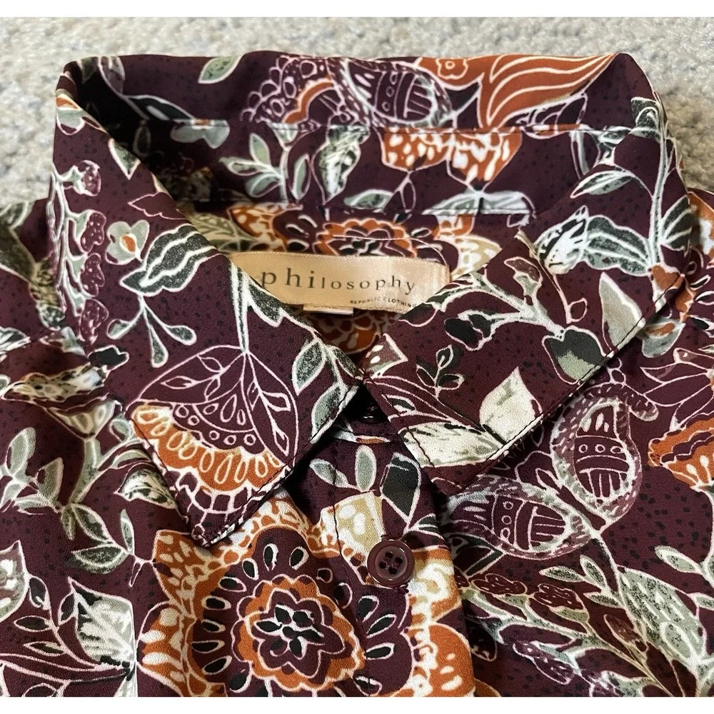 Anthropologie Philosophy Floral Button Blouse Sz M Burgundy Orange Career Boho - Picture 8 of 12